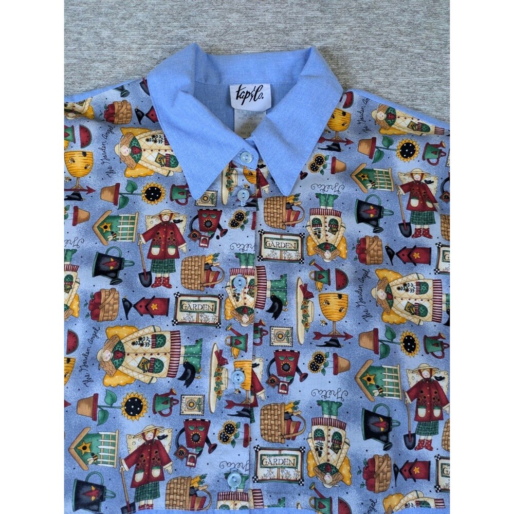 Vintage Tap & Co Women's Gardening Shirt Garden Theme Print Blue Sz Large